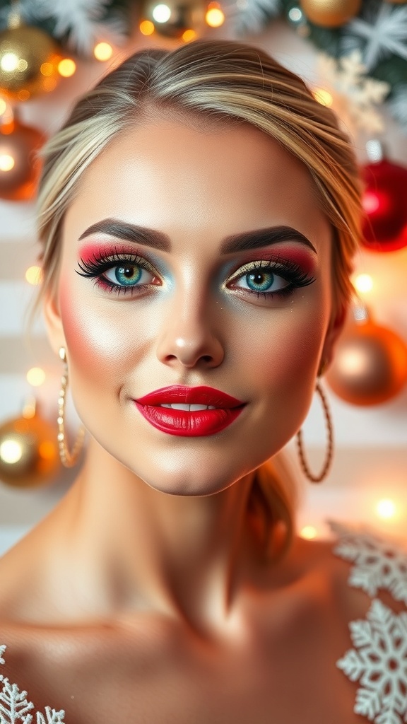 Festive Christmas Makeup Tutorial Glamorous Christmas makeup look with red and green eyeshadow, gold accents, and red lipstick.